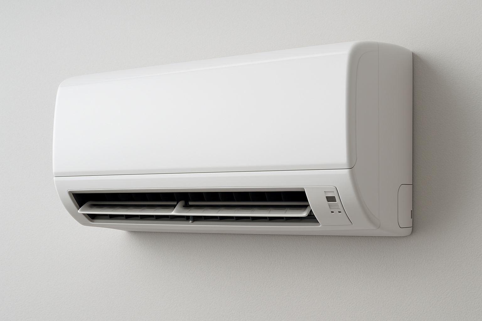 Close-up of a modern air conditioning unit mounted on a light-colored wall