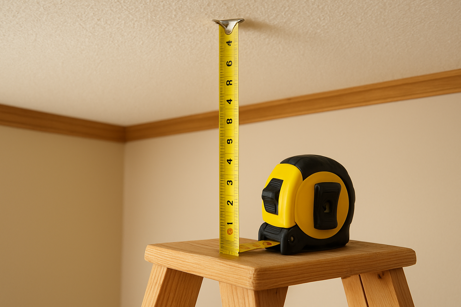 A measuring tape extended vertically on a wooden ladder in a room with plain walls.