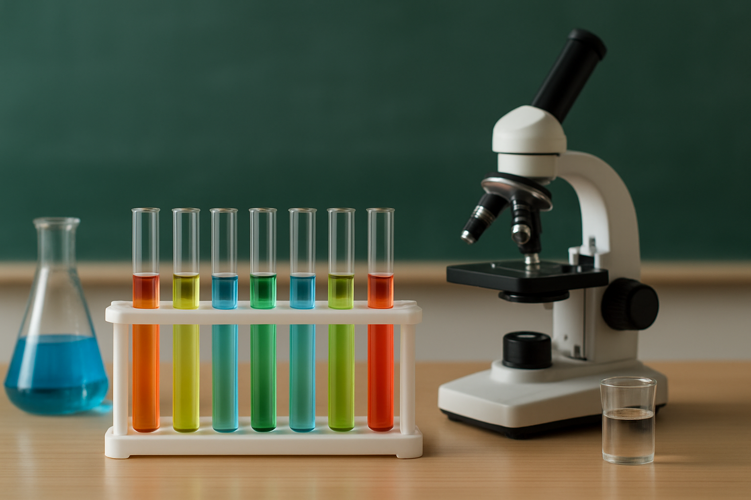 Laboratory glassware with colorful solutions and a microscope on a table.