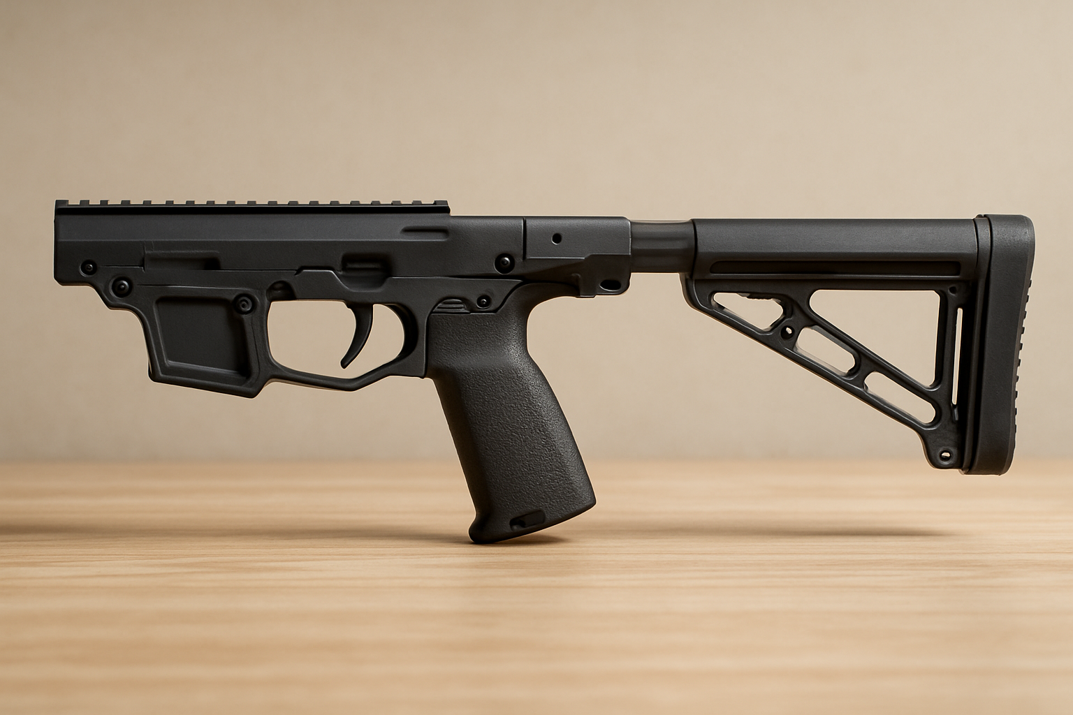 A pistol chassis system displayed on a wooden surface with a neutral background